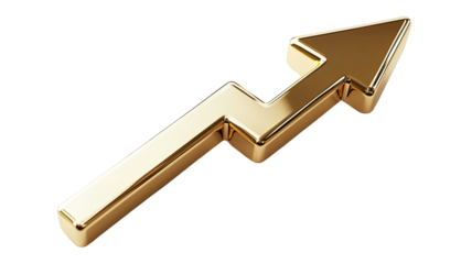 Glossy gold arrow with bright reflective metallic surface showing smooth pointed shape and shiny directional element isolated on white background