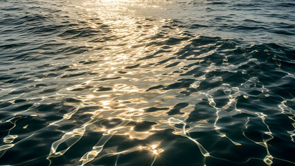 Golden sunlight dances on the surface of deep blue ocean water creating a shimmering, tranquil seascape. isolated on white background