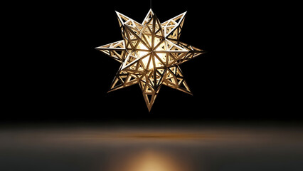 A golden geometric star shaped light fixture hanging against a black background with a reflective surface