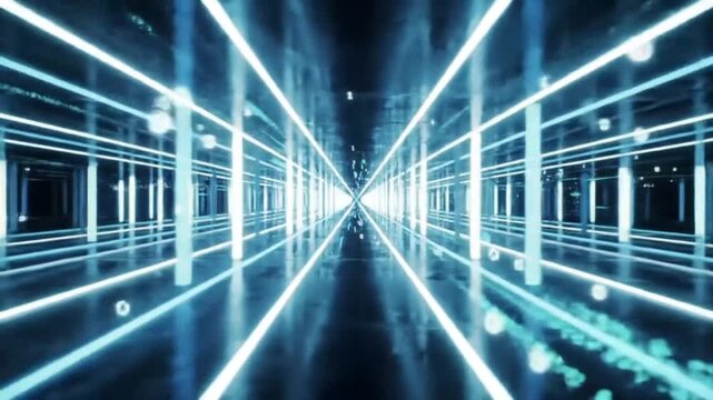 Futuristic tunnel with blue neon lights, creating a sense of depth and technology.
