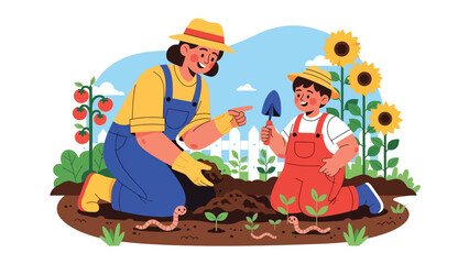 Child helping parent compost food scraps in a garden. Ideal for family sustainability visuals, eco education content, and zero waste gardening themes