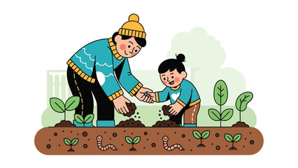 Child helping parent compost food scraps in a garden. Ideal for family sustainability visuals, eco education content, and zero waste gardening themes