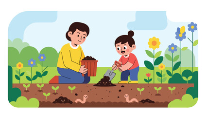 Child helping parent compost food scraps in a garden. Ideal for family sustainability visuals, eco education content, and zero waste gardening themes