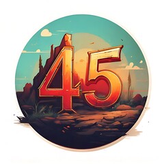 An illustration features the number "45" rendered in a stylized, cartoonish manner, with a desert landscape background