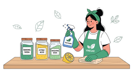 Woman cleaning using natural DIY supplies like vinegar spray and cloth towels. Ideal for eco cleaning tutorials, sustainable home content, and zero waste visuals