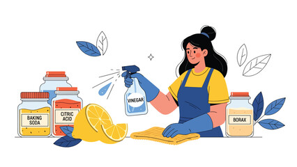 Woman cleaning using natural DIY supplies like vinegar spray and cloth towels. Ideal for eco cleaning tutorials, sustainable home content, and zero waste visuals