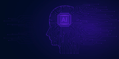AI. Artificial Intelligence technology. Digital brain. Neural network. Machine learning. Deep learning. Big data analysis. Background with circuit board connections and tech icons. Vector Illustration