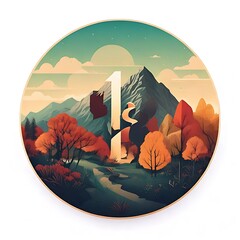 Circular autumn landscape with a stylized mountain, trees, river, sky, and number "1." Soft color palette