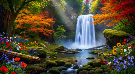 Beautiful Colorful Landscape with Trees Flowers and Waterfall