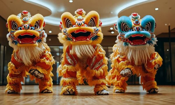 A vibrant trio of lion dance costumes showcased in celebratory display