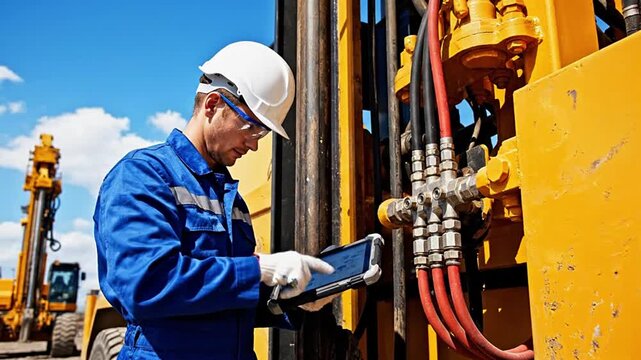 A focused engineer in a hard hat and uniform diligently operates heavy industrial machinery while checking a digital tablet at an outdoor construction or drilling site.