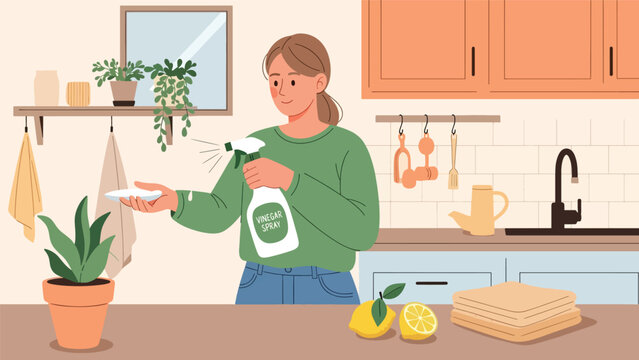 Woman cleaning using natural DIY supplies like vinegar spray and cloth towels. Ideal for eco cleaning tutorials, sustainable home content, and zero waste visuals