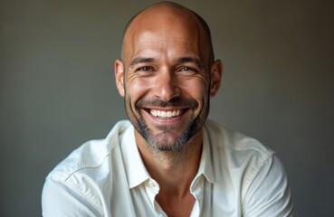 Bald man with beard smiles warmly in white shirt. He looks happy, stylish in this studio portrait. Positive man conveys confidence, charm with his expression. He is middle-aged, attractive, friendly.