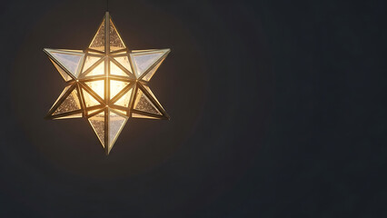 Illuminated geometric star shaped light fixture against a dark gray background providing warm light