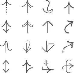 Arrow symbol set, vector illustration, hand-drawn arrows, graphic design element, navigation icon, direction marker, UI symbol, calligraphic style, abstract pointer, creative guide