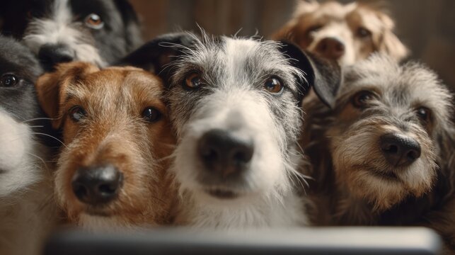 Several dogs of different breeds are closely watching something with eager expressions at home. The warm lighting creates a cozy atmosphere highlighting their unique features and curiosity.
