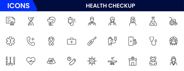 Health Checkup web icons in line style. Medicine, check up, doctor, dentistry, pharmacy, lab, scientific discovery, collection. Vector illustration.