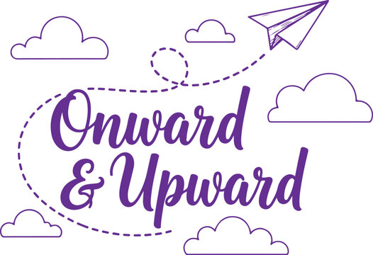 Vector art of onward and upward motivational quote with paper airplane and clouds