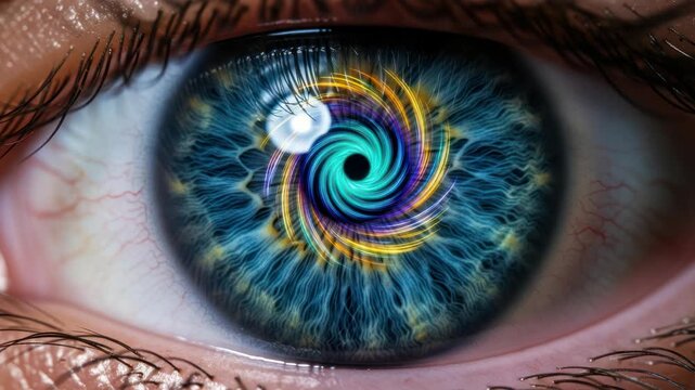 Captivating Macro View of Human Eye with a Swirling, Colorful Abstract Design Overlaying the Iris