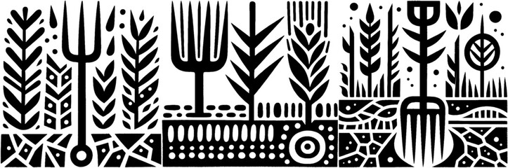 Abstract agricultural pattern with pitchforks and wheat stalks.