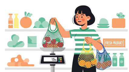 Person purchasing fresh food using reusable mesh produce bags. Ideal for plastic-free shopping, zero waste routines, and eco consumer awareness
