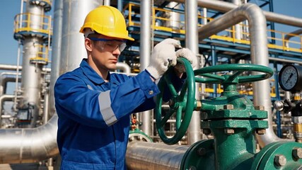 A focused male worker is operating a large industrial valve at a modern petrochemical refinery plant, demonstrating diligent and professional maintenance.