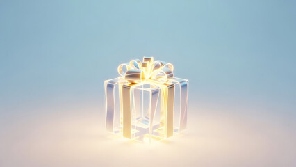 A glowing gift box with a shiny bow on a light blue background radiating light from underneath it