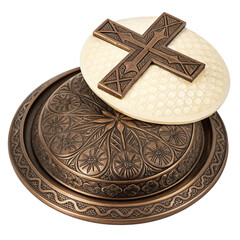 Intricate bronze cross resting atop a decorative religious offering plate, evoking tradition, faith, and a sense of solemn respect, perfect for spiritual design