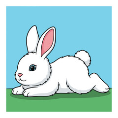 Cute White Cartoon Bunny Rabbit Lying Down on Green Grass with Blue Background