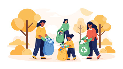 Group participating in community cleanup collecting waste in reusable bags. Ideal for environmental activism campaigns and zero waste awareness projects