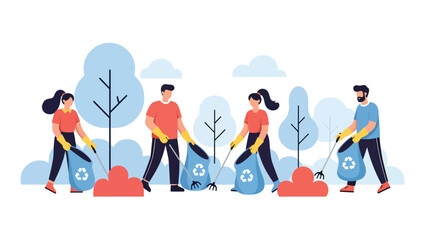 Group participating in community cleanup collecting waste in reusable bags. Ideal for environmental activism campaigns and zero waste awareness projects