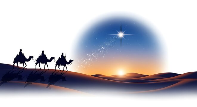 Three wise men riding camels in the desert