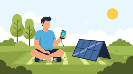 Man using solar powered charger outdoors while practicing sustainable zero waste living. Ideal for renewable energy education and eco lifestyle content