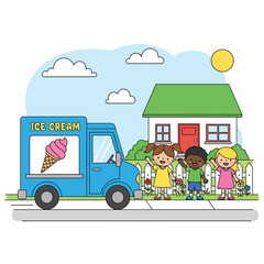 Fototapeta premium Happy Children Waving at an Ice Cream Truck in Front of a House on a Sunny Day