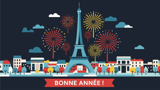 Vibrant flat design illustration depicting a festive New Year celebration in Paris, showcasing the iconic Eiffel Tower illuminated by spectacular fireworks over a charming cityscape at night