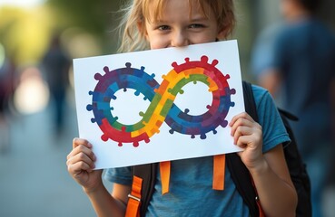 Child holds paper with autism infinity rainbow symbol. Kid with backpack shows neurodiversity pride. Autistic acceptance awareness for school children.