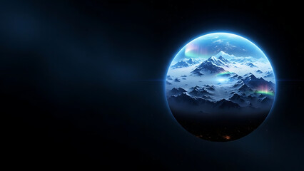 A glowing planet with snow covered mountains and aurora borealis against a dark space background view