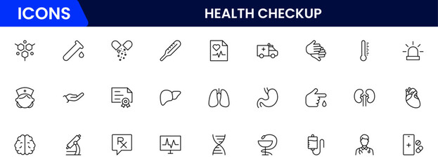 Health Checkup web icons in line style. Medicine, check up, doctor, dentistry, pharmacy, lab, scientific discovery, collection. Vector illustration.