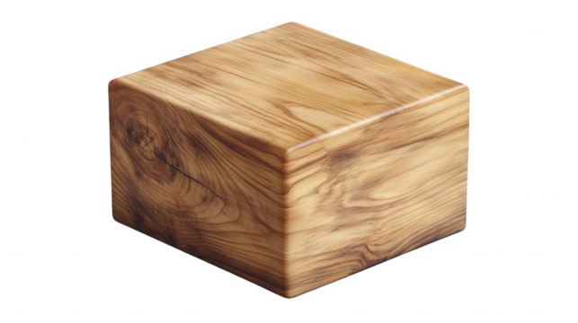 Wooden cube with detailed grain pattern against a on transparent background