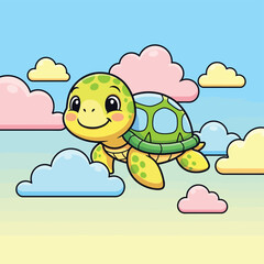 Cute cartoon baby turtle flying in sky with pastel clouds vector illustration. Adorable green animal character mascot design for kids.