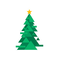 Fototapeta premium Stylized green Christmas tree with layered geometric shapes topped by a yellow star. 
