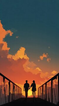 Couple holding hands on skybridge, sunset behind, romantic mood, cartoon style, Animate