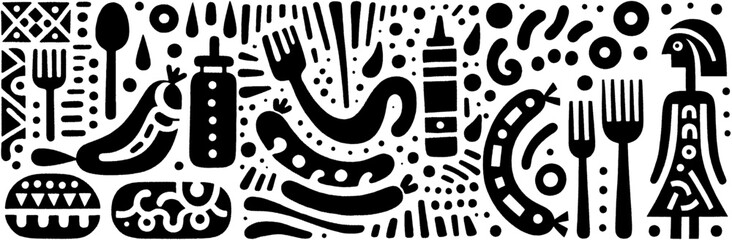 Whimsical Food Pattern: A Black and White Culinary Art.