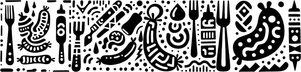 Whimsical Sausage and Condiment Pattern: A Culinary Doodle Delight.