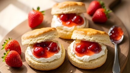 Home-baked scones with strawberry jam and clotted cream.