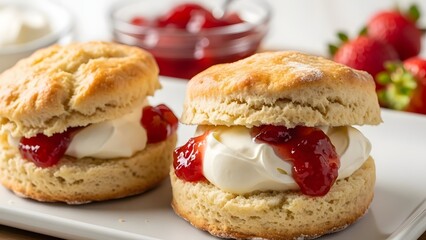 Home-baked scones with strawberry jam and clotted cream.