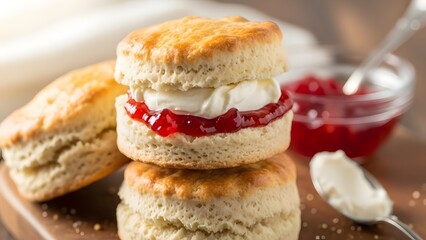 Home-baked scones with strawberry jam and clotted cream.