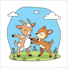 Cute cartoon baby goat and deer playing together on grass vector illustration. Adorable farm and forest animal friends dancing happily in nature with flowers and blue sky.