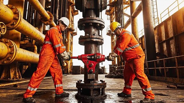 Two hardworking oil rig workers operate heavy drilling machinery with a large wrench on an offshore platform, demonstrating professional focus and cooperation.