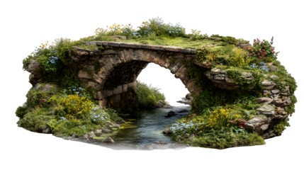 A stone bridge over a gentle village brook, covered in moss and edged with wildflowers, isolated on a Transparent background